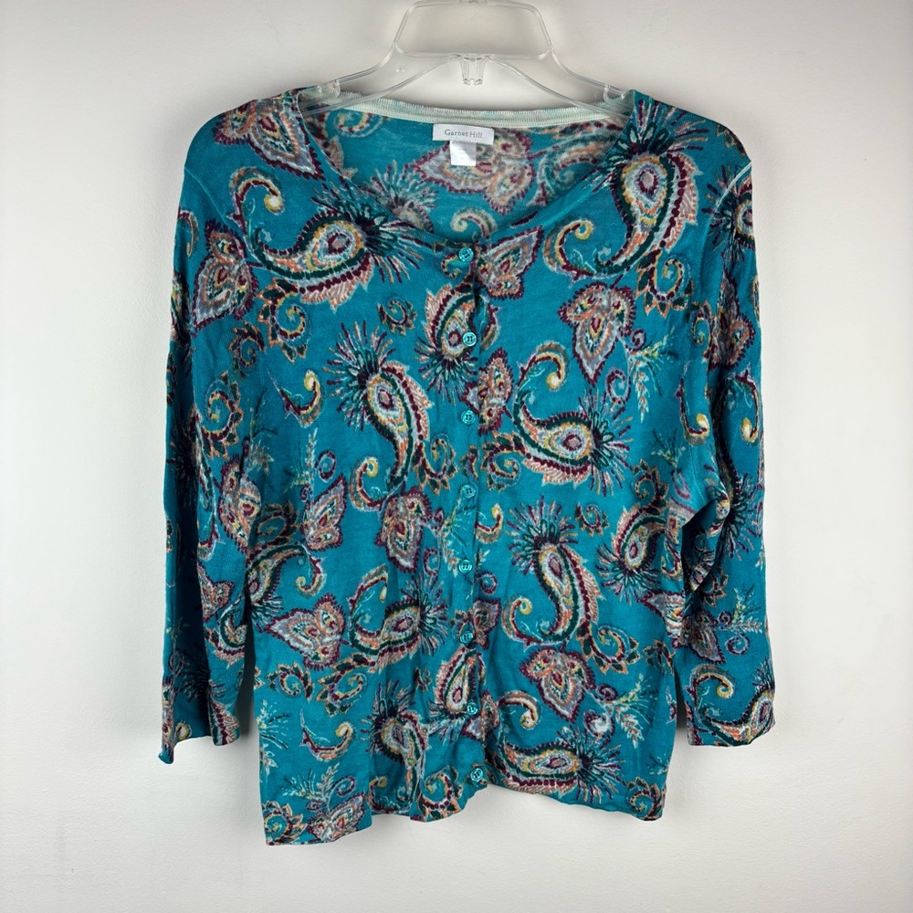 Garnet Hill 100% Merino Wool Lightweight Cardigan Paisley Print Size XL